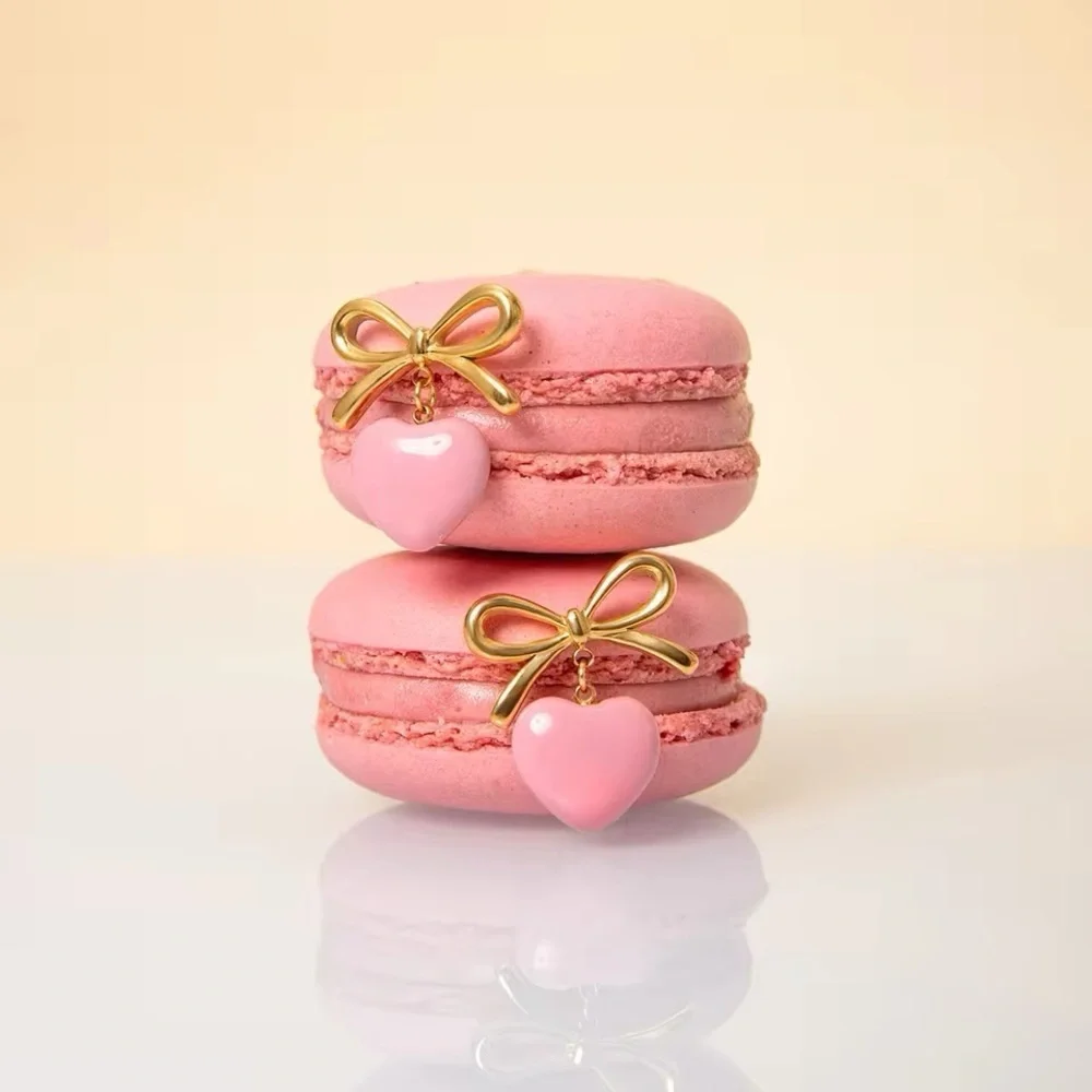 18k Gold Plated Bowknot Pink Heart Drip Oil Earrings - Picture 1 of 9
